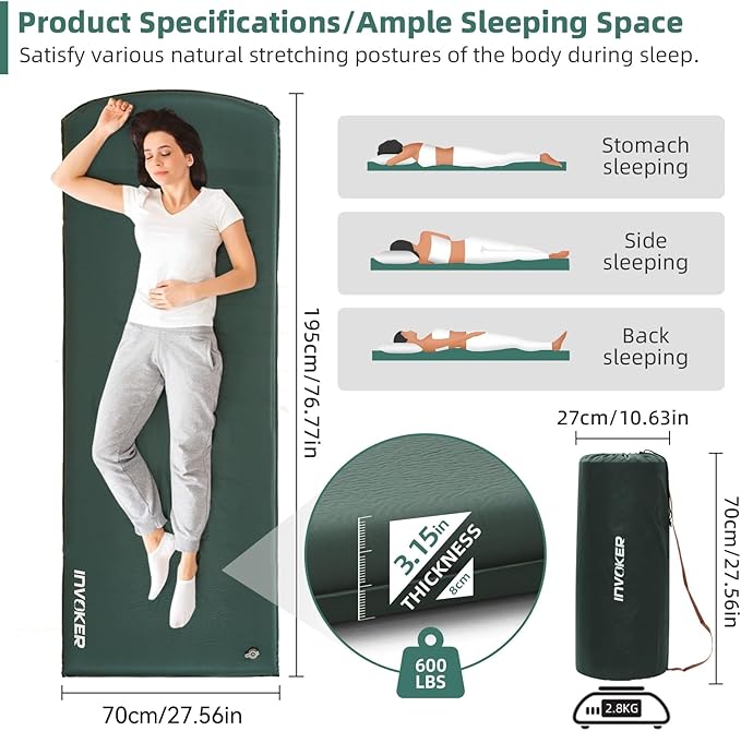 3.15 Self Inflating Camping Sleeping Pad Ultra-Thick Elasticity Foam Fast Inflating 4-Season Insulated Durable Camping Mat Air Mattress with Pillow for Tent Car Camping Traveling Green