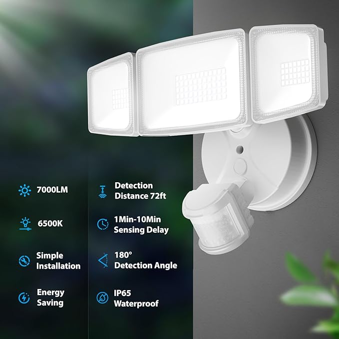 Onforu 75W LED Flood Light Motion Sensor Outdoor 7000lm Dusk to Dawn Flood Light Security Light with Three Head IP65 Waterproof Exterior Floodlight 6500k Wall Light for Entryway Stairs Yard Garage