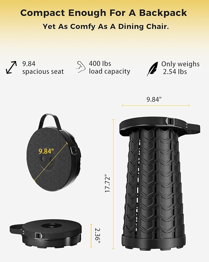 Upgraded Collapsible Stool with Detachable Cushion &amp Waterproof Bag - 400lbs Heavy Duty Portable Folding Stool for Adults Telescoping Camping Seat with Carrying Straps for Fishing Hiking Travel B