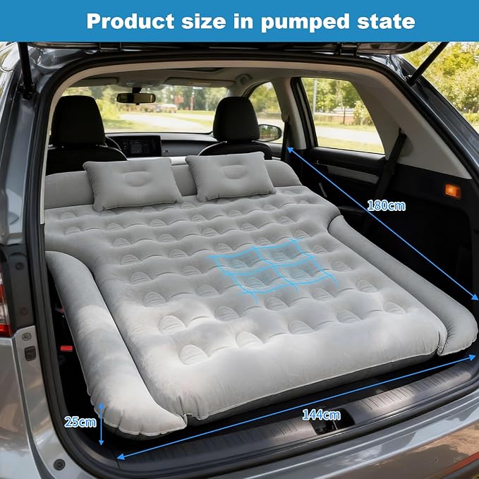 SUV Air Mattress Inflatable Bed for Car Sleeping Thickened Flocking Car Air Mattress Leakproof Comfortable Durable Cushion Cars Bed for SUVs Trunk Camping Road Trip (Gray)