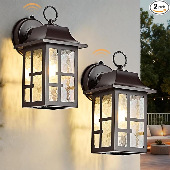 OKELI 2-Pack Dusk to Dawn Exterior Lighting Fixture Farmhouse Outdoor Wall Lights with Ripple Glass Aluminum Porch Light Wall Mount Anti-Rust Outside Wall Sconce for House Garage(Brown)