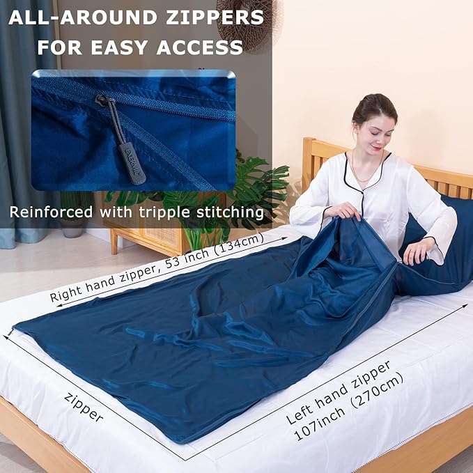 100% Silk Sleep Sack with Zippers on 3 Sides 87”x43” Large Sleeping Liners for Hotels Travel &amp Camping Multifunctional Travel Sheets (Unzipped:87”x87”) for Adults Lightweight All Seasons