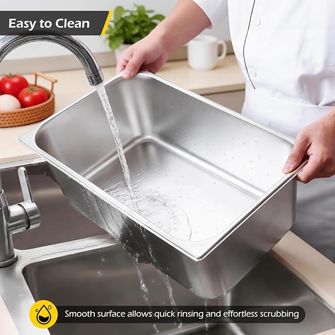 Dyna-Living 3 Pack Full Size 6 Inch 8 Inch Hotel Pan Perforated Steam Table Pans with Lid Stainless Steel Chafing Dish Pans Commercial Food Pan for Catering Buffet Hotel Home Restaurant Supplies