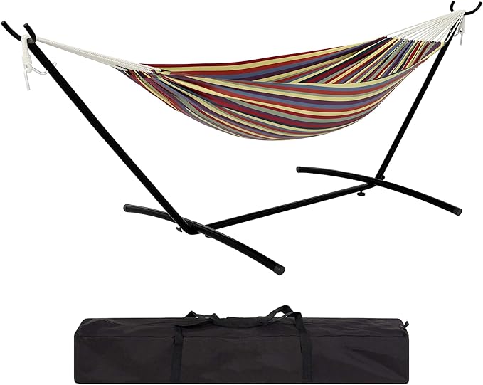Ultra-Comfort 2-Person Hammock Set with Foldable Steel Frame – Heavy-Duty Outdoor Lounger for Garden Camping &amp Patio (450lb Capacity + Quick-Stow Carry Bag)Yellow Rainbow Stripes