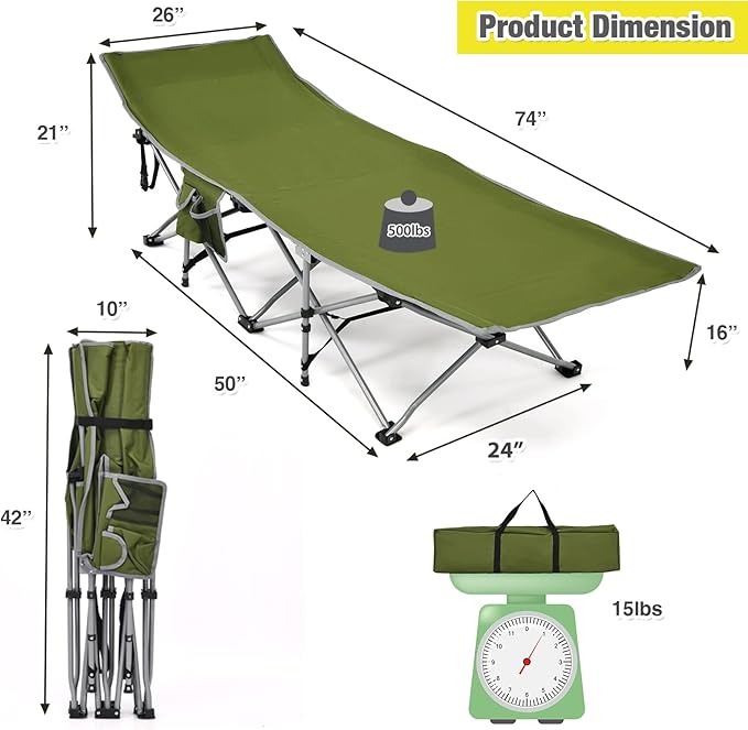 Goplus Folding Camping Cot Sleeping Cot for Adults with Carry Bag Weight Capacity Slanted Head Side Pocket Heavy Duty Portable Camping Bed for Kids Beach Office Snap (Army Green)