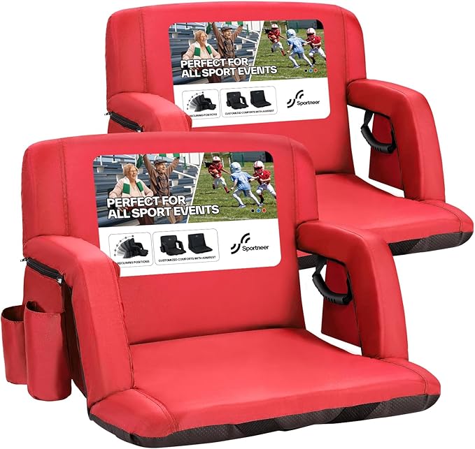 Sportneer Stadium Seats with Back Support: 2.5'' Thick Comfy Cushion 6 Adjustable Angle Bleacher Seat with Armrest - 2 Large Pockets 2 Cup Holders Stadium Chair for Sport Events Concerts Parks