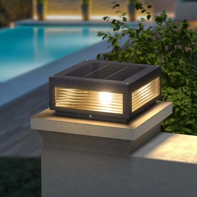 Solar Post Light11.81''x11.81'' Waterproof Column Pillar Lights Dusk to Dawn Modern Lamp Posts 3000K LED E26 Bulb Decoration Lantern for Garden Fence Patio Driveway