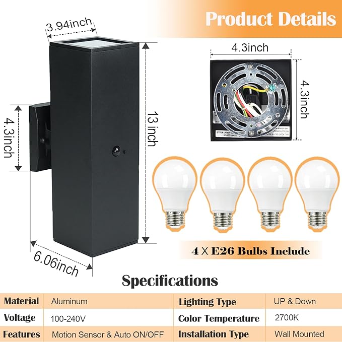 wowlite Motion Sensor Outdoor Wall Lights Dusk to Dawn Outdoor Lighting with E26 Bulbs Included 3 Lighting Modes Black Exterior Lighting Fixtures Aluminum Outside Lights for House Porch Yard 2 Pack