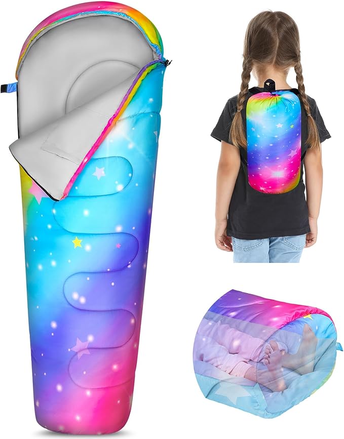 FIOBEE Kids Sleeping Bag for Girls Boys 3 Season Warm &amp Cool Weather Youth Camping Sleeping Bags with Backpacking Bag Waterproof for Traveling Hiking Indoor Outdoor Camping Essentials