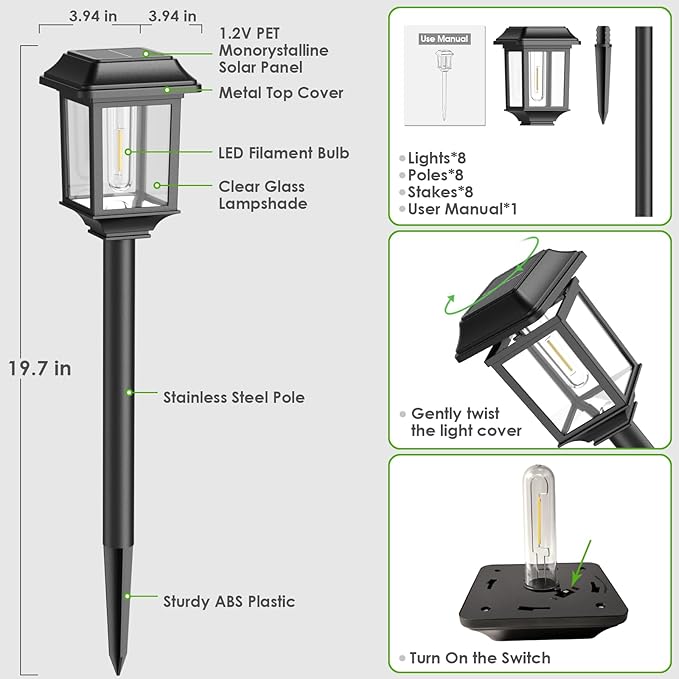 Mancra Solar Outdoor Lights Waterproof 8 Pack Metal Glass Solar Pathway Lights Outdoor Lighting Garden Decor for Landscape Path Yard Patio Driveway (Warm White)