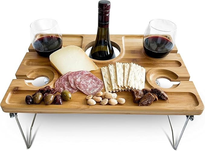 eBigValue Portable Bamboo Picnic Table with Wine Glass &amp Bottle Holder – Folding Snack Tray for 4 Outdoor Camping Beach Travel