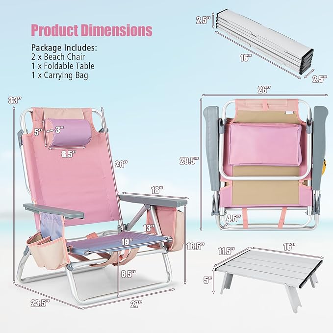 Tangkula Backpack Beach Chair with Table 5-Position Lay Flat Chairs with Cooler Bag 2 Cup Holders Towel Bar Lightweight Low Folding Chair with Backpack Straps Pink