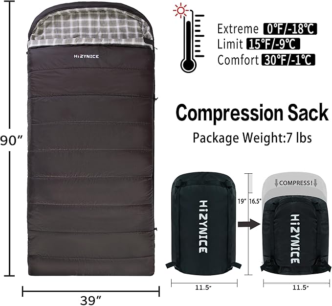 Cold Weather Sleeping Bag 100% Cotton Flannel XXL for Adults Big and TallFree Compression Sack