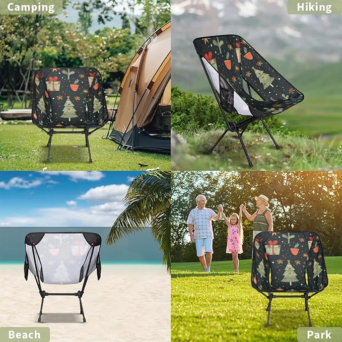 Portable Camping Chair Retro Xmas Tree Ultralight Folding Camping Chair Backpacking Hiking Chair with Cup Holder for Outdoor Travel Beach Picnic Festival Compact Portable 176 lbs Capacity