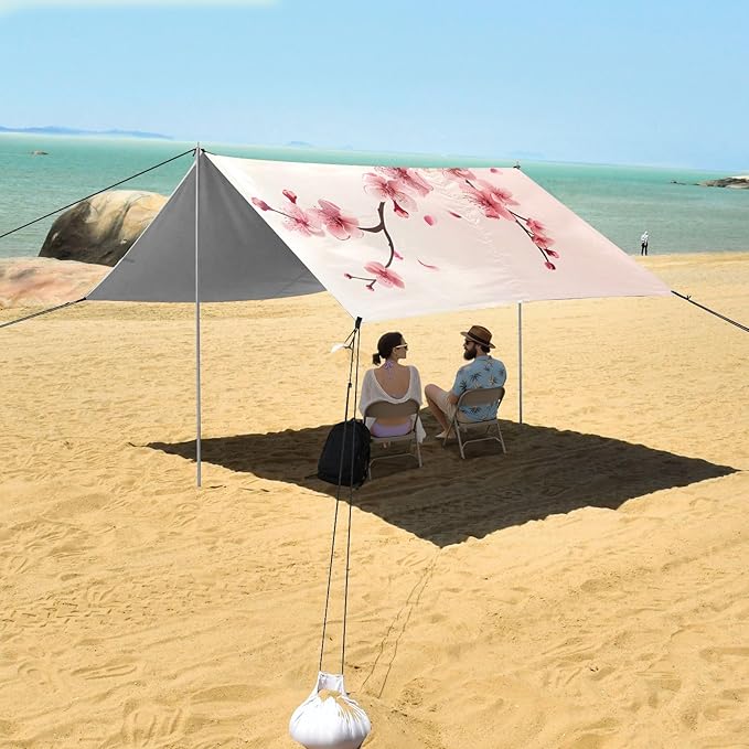 ALAZA Cherry Blossom Pink Flower Beach Tent Sun Shelter UPF50+ Protection Beach Shade Canopy w/ 4 Sandbags for Outdoor Camping Fishing Backyard Fun Picnic 10x9 ft