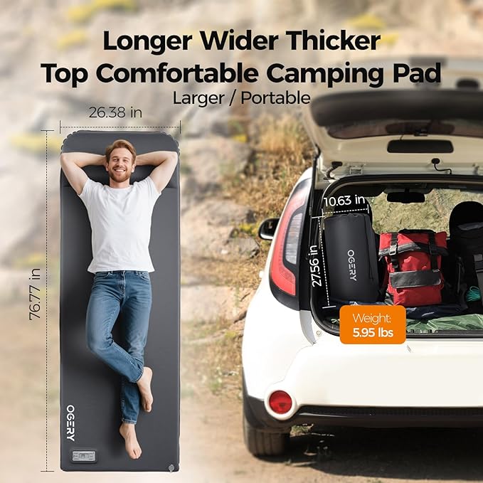 OGERY Self Inflating Sleeping Pad with Electric Pump 3.15 Ultra-Thick Memory Foam Camping Pad 4 Season Camping Mattress Pad with Built-in Pillow Camping Essentials Gear for Tent Travel Car