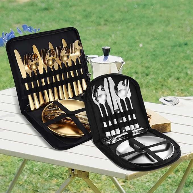 Camping Mess Kits with Portable Case Stainless Steel Outdoor Picnic Dinnerware Set with Plate Spoon Fork Knife Cloth Napkins