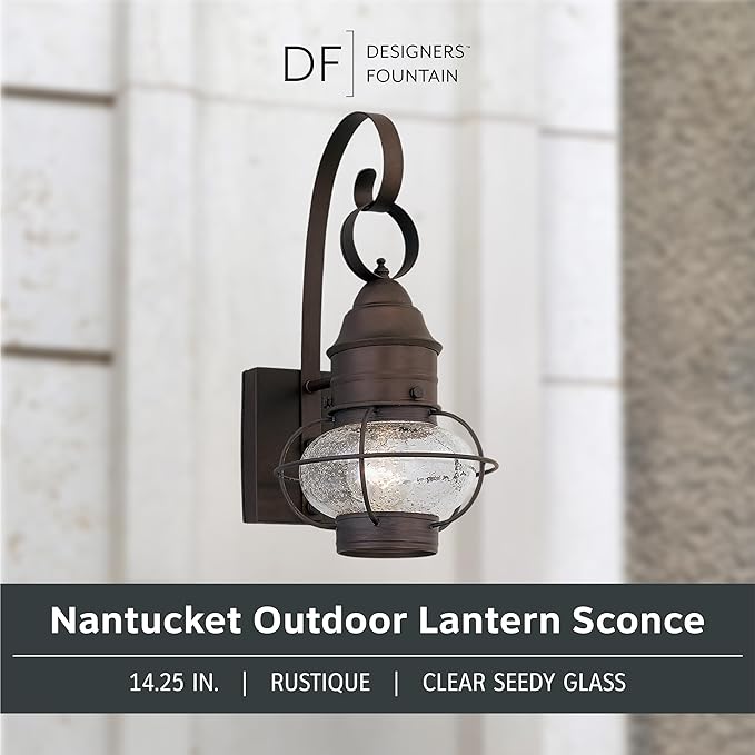 Designers Fountain Nantucket Outdoor Light Fixture 14.25 Inch Exterior Wall Lantern Sconce for Front Door Patio and Porch Rustic 1751-RT