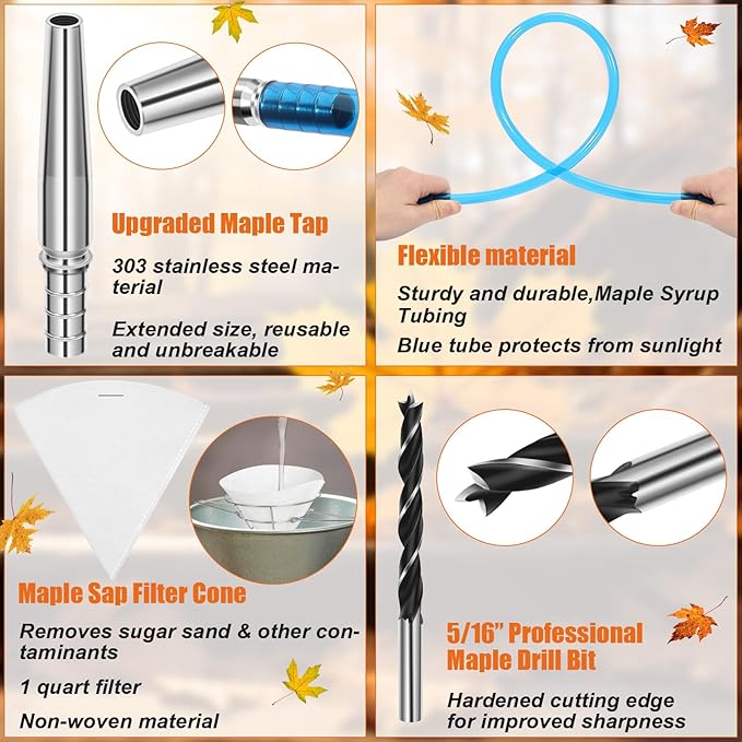 13Pcs Maple Syrup Tree Tapping Kit Include 7 Stainless Steel Maple Taps22.9ft Maple Syrup Tubing3 Maple Sap Filter1 Cleaning Brush1 Maple Tap Drill Bit for Maple Syrup Collection Supplies