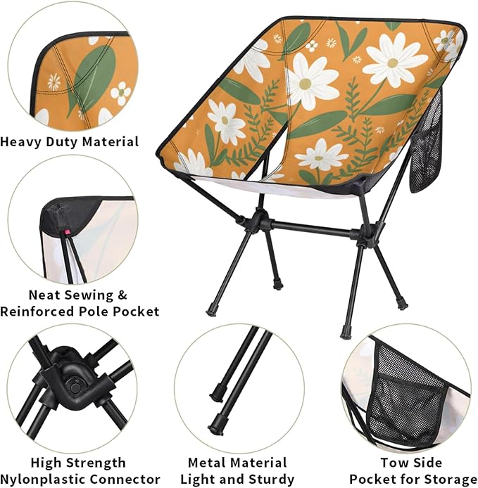 Honeybaby Folding Camping Chair Cute Daisy Flowers Camping Chairs Lightweight Portable Chair Outdoor Foldable Chairs for Camping Travel Picnic Beach Hiking