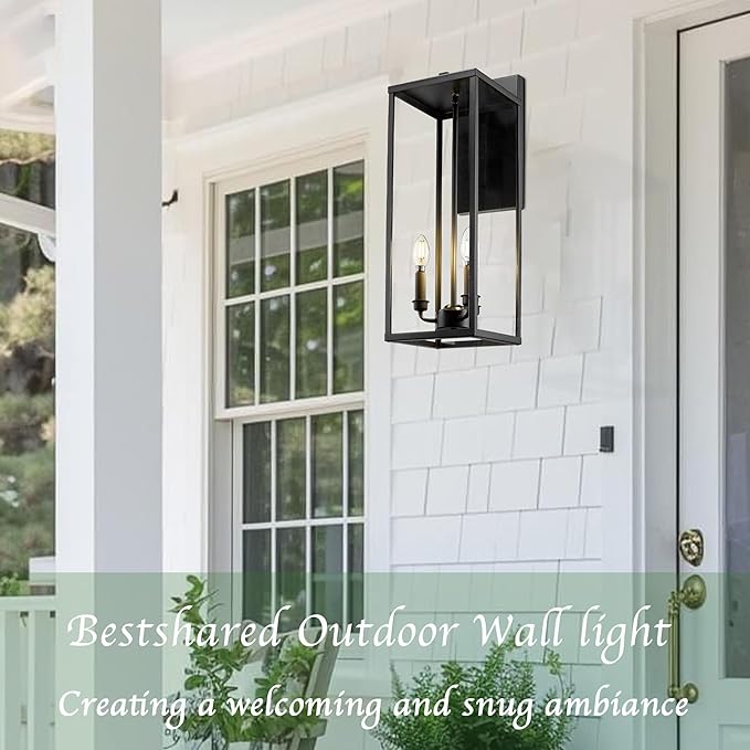 Bestshared Large Outdoor Wall Sconce 24'' Modern Black Outdoor Wall Lantern 3-Light Clear Glass Porch Light Weather Resistant Outside Light for House Entryway Garage Patio E12 Base(2Pack)