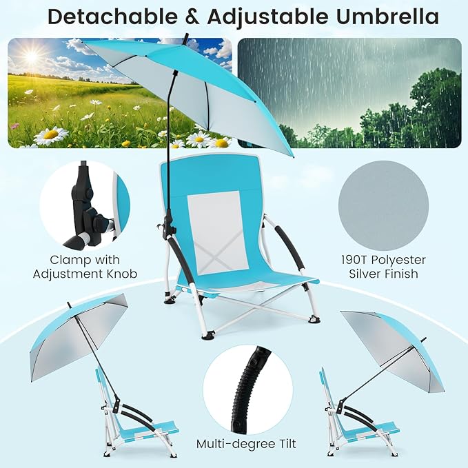 Giantex Low Folding Beach Chair with Detachable &amp Adjustable Umbrella Carrying Bag Padded Armrests Mesh High Back Load 330 LBS Anti-Slip Foot Pads Camping Chair for Picnic Lawn Blue
