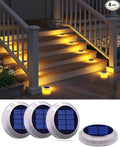 Solar Step Lights Outdoor Waterproof 4 Pack Warm White Flat Lights Solar Powered for Outside Stair Deck Dock Pathway Driveway Ground