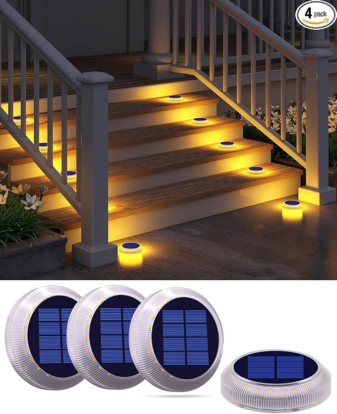 Solar Step Lights Outdoor Waterproof 4 Pack Warm White Flat Lights Solar Powered for Outside Stair Deck Dock Pathway Driveway Ground