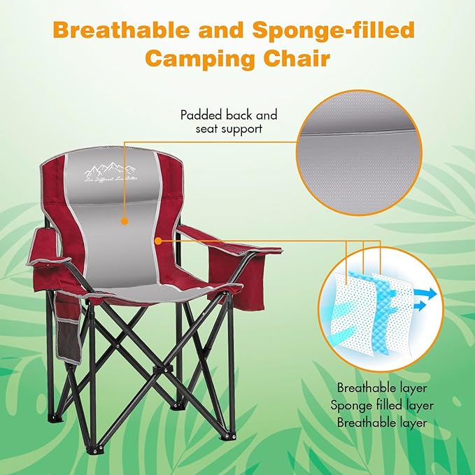 2PCS Folding Camping Chair Portable Outdoor Heavy Duty Padded Chairs Lawn Chair with Cup Holder Storage Pocket and Cooler Bag Supports 480LBS Red