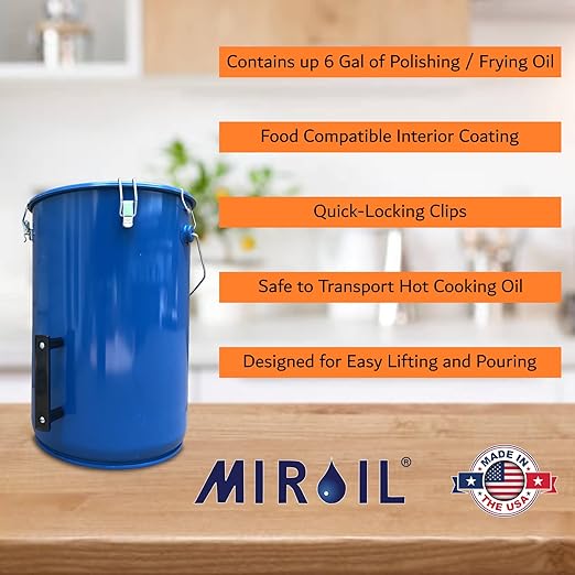 MirOil 6 Gallon Blue Oil Grease Bucket &amp Filter Pot – Steel Fryer Container w/Lid Lock &amp Clip Food Grade Interior Coating - Hot Grease Collection Pot for Disposal Under Drain Valves – Model #