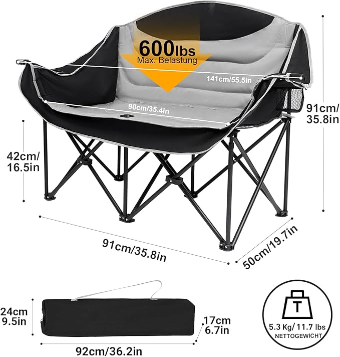 Outdoor Fully Padded Double Camping ChairBeach Folding Loveseat Camping Couch Double Duo Chair Patio Heavy Duty Quad Fold Chair Arm Chair with Cup Hold