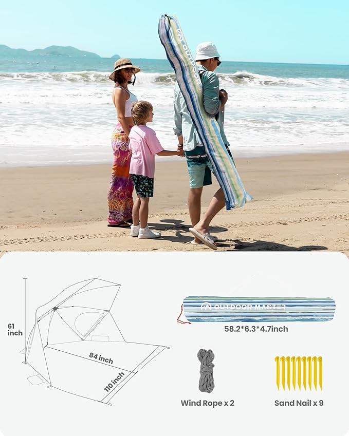 OutdoorMaster Pop Up Beach Umbrella Portable Beach Tent Shelter Beach Shade Sun Canopy with UPF 50+ UV Protection Extendable Floor with Carrying Bag