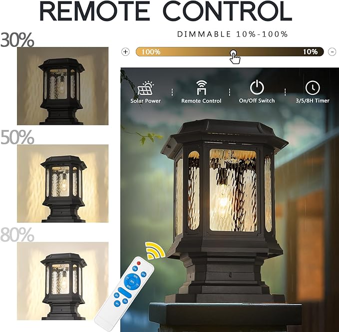 Emliviar Exterior 23.5 Inch Solar Post Light Outdoor Aluminum Post Lamp with Pier Mount Base Integral Black LED Pillar Lantern with Water Ripple Glass XE310P SL BK-SW