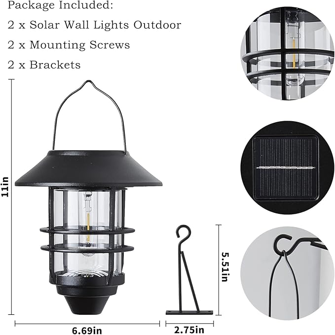 2 Pack Solar Lanterns Outdoor Hanging Waterproof Solar Wall Lights Glass Metal with Wall Mount BracketAuto Dusk to Dawn Garden Lantern Warm White for Outdoor Front Porch Garden