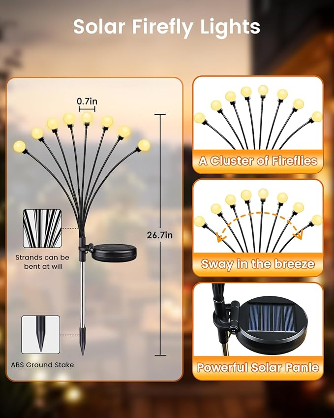 OZS 10 Pack Total 80 LED Solar Firefly Lights Fairy Outdoor - Solar Garden Lights Outdoor Sway by Wind Waterproof for Garden Patio Pathway Fairy Decor (Warm White)