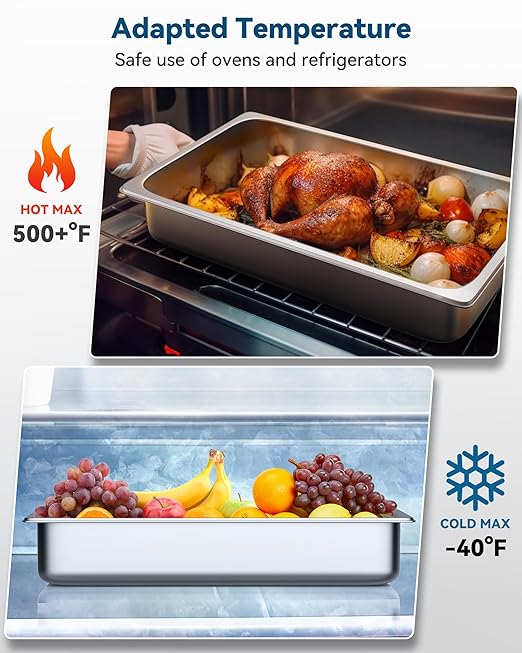 4 Pack Hotel Pans with Lids 1/1 Size 4 Deep Steam Table Pans Full Size Stainless Steel Food Pan 22 Gauge Anti Jam 20.8 L x 12.8 W Commercial Food Storage Containers