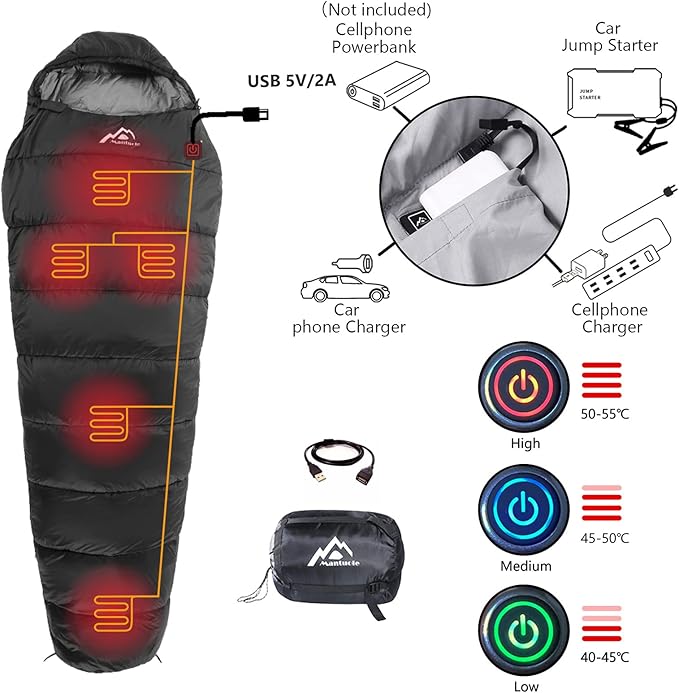 Heated Sleeping Bag 5pcs Multi USB Power Support Heating PadsOperated with Battery Power Bank or Other USB Power Supplies Portable Compact Bag Mummy Style.