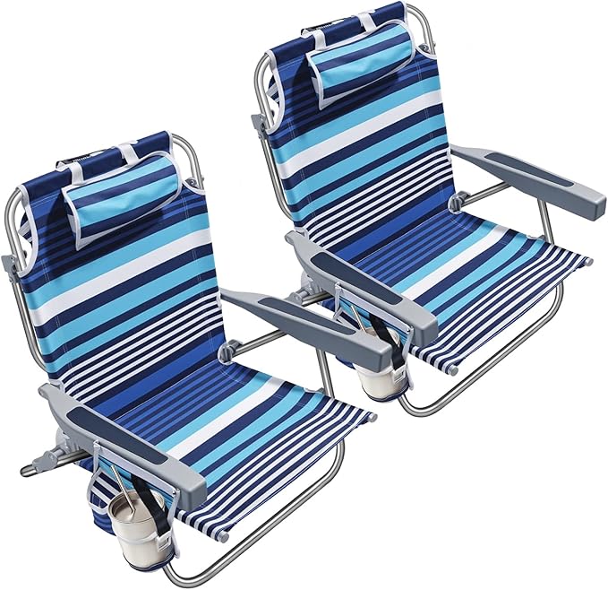 5-Position Aluminum Lay Flat Backpack Beach Chair 2 Pack Compact Portable Low Beach Chairs for Adults Beach Chair with Cooler Pouch Storage Pouch Towel Bar Cup Holder Blue Stripe