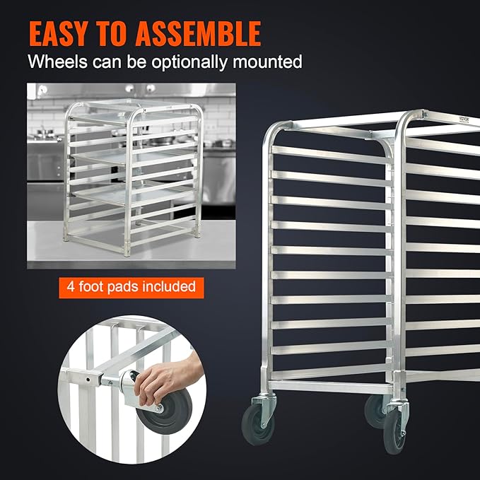 VEVOR 10-Tier Bun Pan Rack Aluminum Racking Trolley Storage with Brake Wheels Commercial Bakery Racks for Half &amp Full Sheet Speed Rack For Kitchen Home Bread Baking Equipment 26L x 20.3W x
