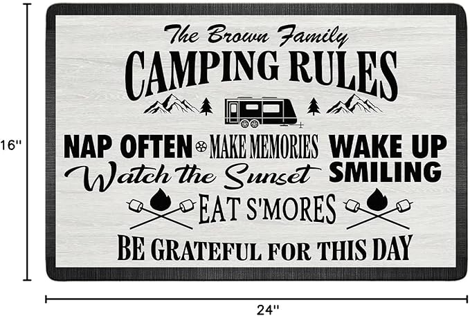Personalized Camping Rules Welcome Doormat - Custom Family Name and RV Door Mat Accessories for Inside Outside Funny Campsite Decorations Travel Trailers Style 02 16 x 24 inches