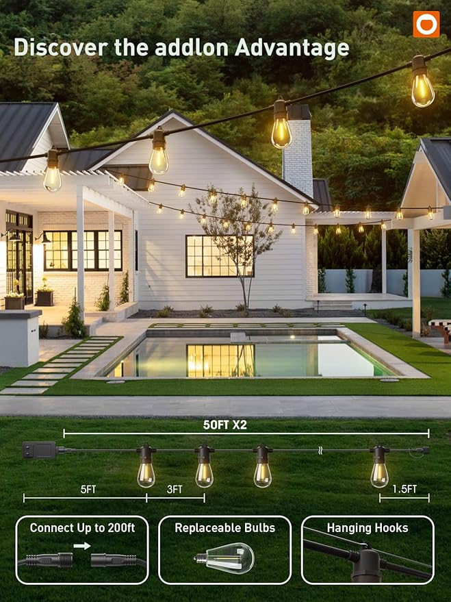 addlon 100FT LED Outdoor String Lights Remote Dimmable Patio Lights with Timer &amp 3 Lighting Modes 32 Shatterproof Edison Bulbs Waterproof Connectable String Lights for Outside Backyard Porch Pa