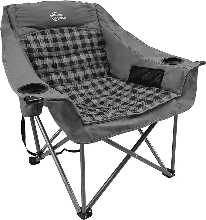 Oversized Camping Chairs for Adults Heavy Duty Padded Portable Lawn Chairs Outdoor Folding Chairs XL Camp Chairs with Cup Holder Suproot 500 lbs Gray Plaid