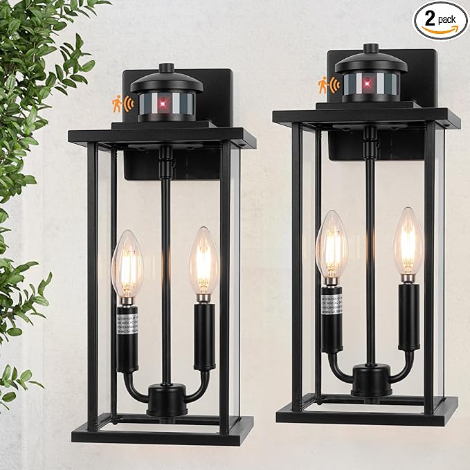 Large Motion Sensor Outdoor Sconce 2-Pack 16 Black Dusk to Dawn Wall Light Outdoor Wall Mount Fixtures 2-Light Exterior Waterproof Wall Lights Doorway House Front Door Patio Garage