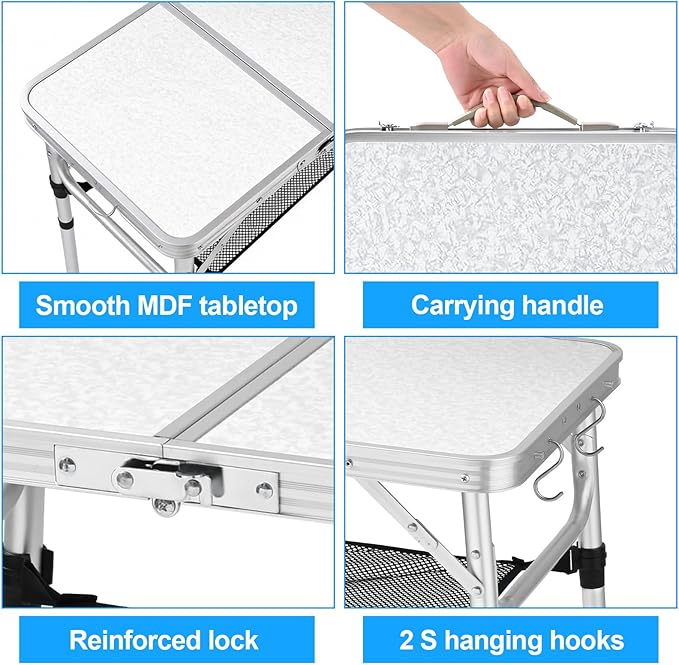 Small Folding Camping Table 2ft Portable Table with 3 Adjustable Heights Aluminum Lightweight Foldable Picnic Table with Mesh Layer and Extension Legs for RV BBQ and Indoor (Silver)
