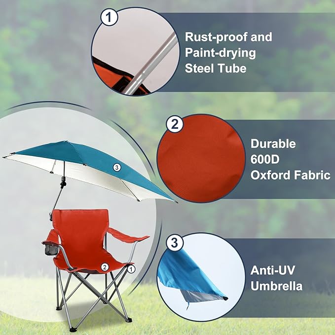 Foldable Beach Chair with Shade Canopy Camping Chair with Cup Holder and Carry Bag for Outdoor Camping Hiking Beach Picnic 220.5LBS (Red)
