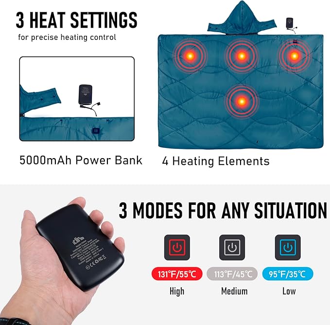 iClimb Heated Camping Blanket with Hood and 5V 5000mAH Battery Pack (Blue)