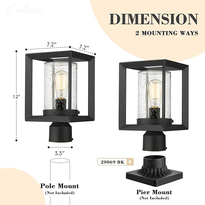 Emliviar Post Lights Outdoor Fixture 1-Light Lamp Post Lantern Black Finish Seeded Glass 2083P BK