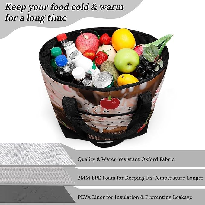 Insulated Shopping BagLarge Reusable Cooler Bags Cupcake And Muffin Printed Foldable Shopping BagTravel Waterproof Shoulder Bag