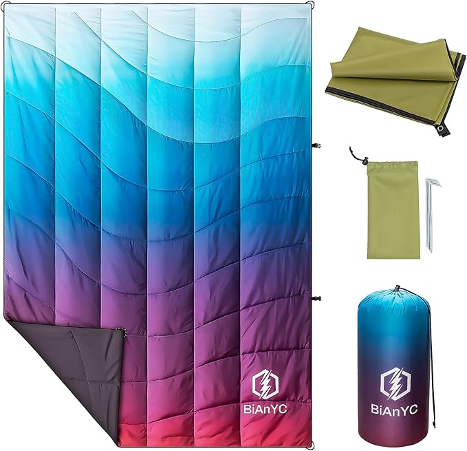 Outdoor Puffy Camping Blanket Lightweight Packable Down Alternative Printed Camp Large Ultra Warm Hammock Top Quilt Waterproof Blanket with Ground Sheet for Traveling Picnic Beach
