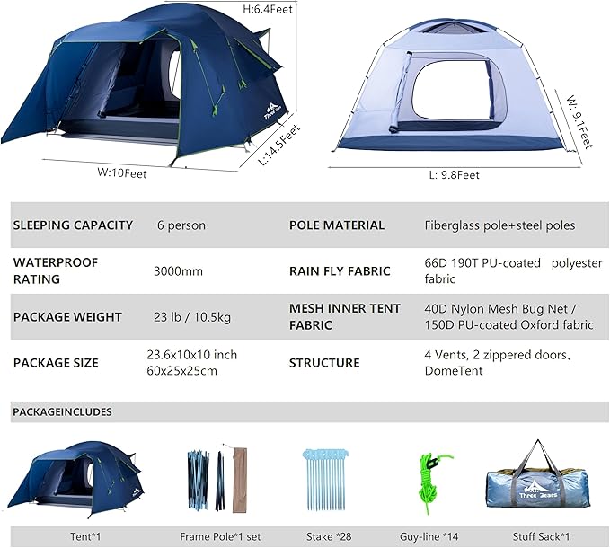 Three Bears Family Camping Tent - 6-Person Spacious Design 3000mm Waterproof Suitable for Road Trips/Backyards/Extended Camping Adventures in All Scenarios